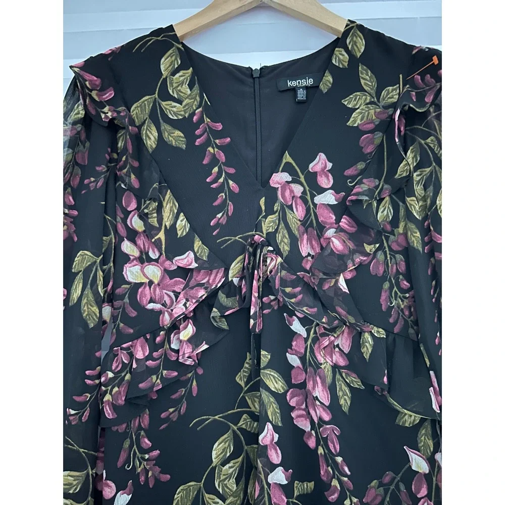 Kensie Floral Chiffon Mini Dress Whimsical Ruffle Long Sheer Sleeve 4 Cottage